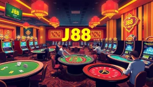 Players enjoying the J88 online casino experience with vibrant tables and thrilling games.