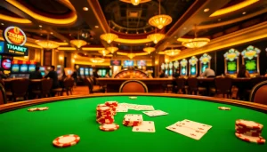 Thrilling gambling scene at THABET casino showcasing poker chips and roulette wheel.
