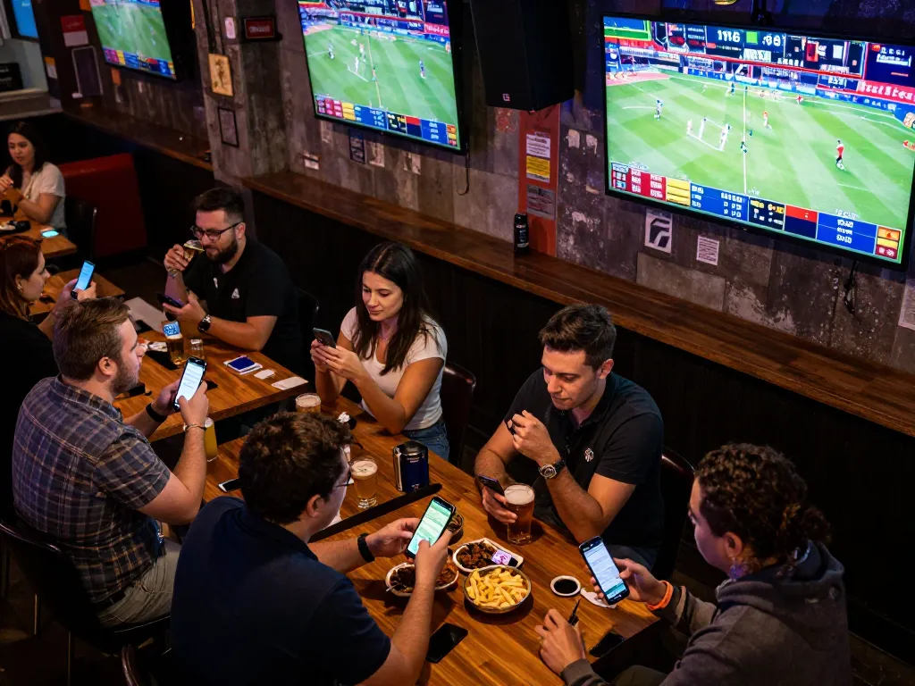 Engaged patrons comparing bets at a lively bar, showcasing https://www.dacsandatphanrang.com/ exciting sports betting atmosphere.