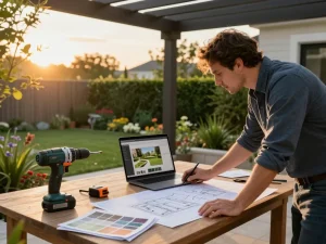 Professionista che lavora a un progetto di gestione contenuti pergole (CMS) in un giardino splendidamente paesaggistico.