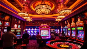 Nổ hũ gameplay at a vibrant casino featuring lively players and exciting slot machines.