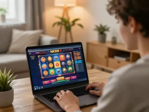 Engaging in online casino gameplay at NK88 while enjoying a cozy home atmosphere