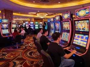 Players engaging with slot machines at SLOT777 casino, displaying excitement and vibrant atmosphere.