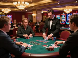 Players engaging in strategic blackjack gameplay at DA88 casino, illuminated by warm lighting.