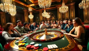 Players engage in a thrilling poker game at 33WIN casino, surrounded by vibrant atmosphere and excitement.