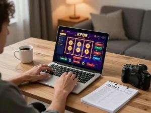 Player enjoying KP88 online casino games in a cozy home office, highlighting vibrant slot displays.