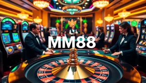 Experience the thrill of MM88 with players enjoying poker and roulette in a luxurious casino.