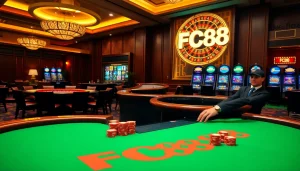Experience thrilling games and excitement at FC88's casino tables with vibrant poker chips.