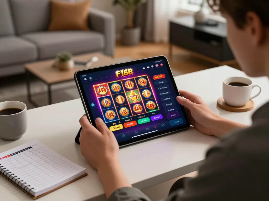 Player enjoying F168 online casino experience on tablet in cozy home setting with strategy notes.