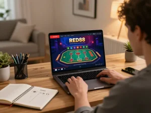 Engaging with RED88 online casino through dynamic gameplay interface in a stylish home environment.