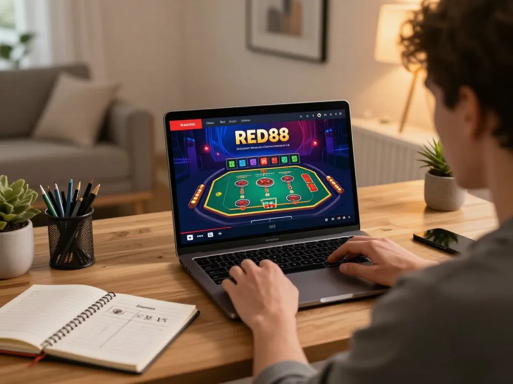 Engaging with RED88 online casino through dynamic gameplay interface in a stylish home environment.