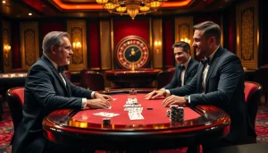 Exciting Shbet poker game scene showcasing strategic players at a luxurious casino table.
