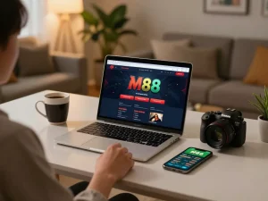 Engaged player exploring betting options on the M88 online platform while enjoying a comfortable home setting.