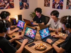 Players immersing in exciting hentai games on mobile devices and laptops in a vibrant gaming environment.