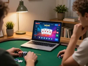 FABET player analyzing poker strategies on laptop in a cozy gaming setup