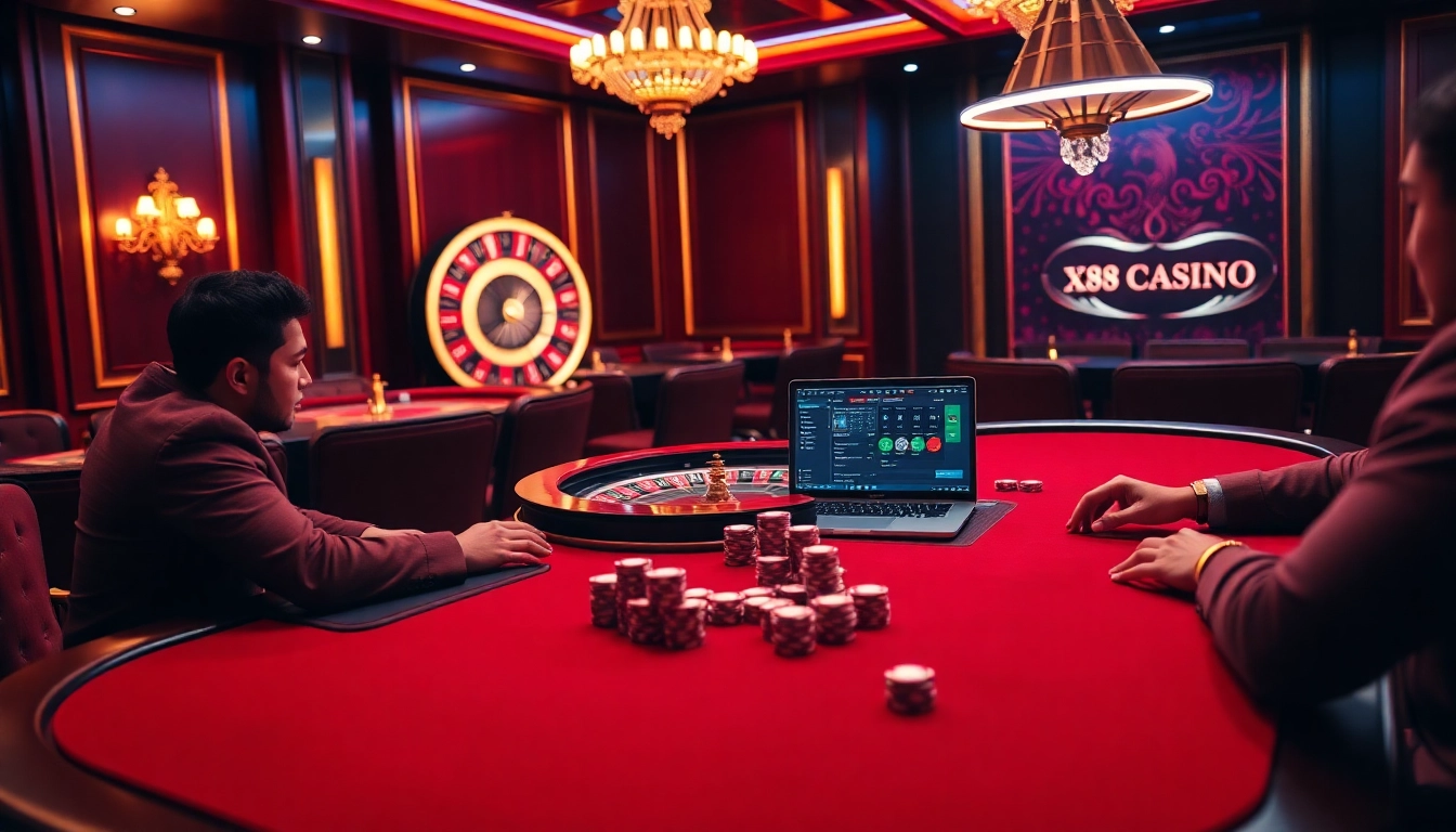 Experience the thrill of online gambling at xx88.uk.com featuring professional players at a luxurious casino table.