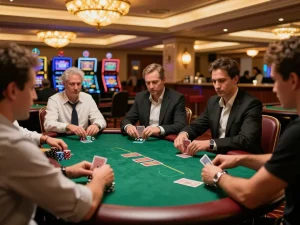Suncity players strategizing at upscale poker table, engaging in intense gameplay.