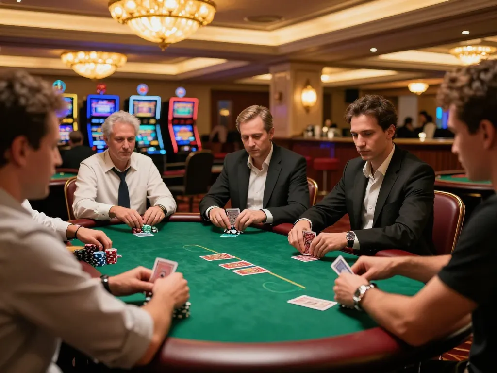 Suncity players strategizing at upscale poker table, engaging in intense gameplay.