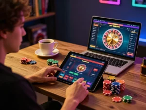 Player engaging with tg887.com casino app on tablet, showcasing vibrant poker chips and a warm coffee setup.