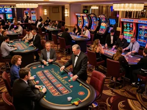 Engaging gameplay at F168 KJC casino with players enjoying diverse games amidst vibrant lights.