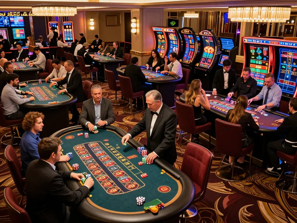 Engaging gameplay at F168 KJC casino with players enjoying diverse games amidst vibrant lights.