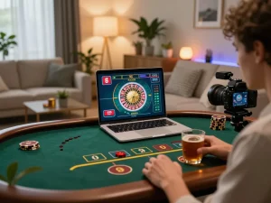 Kuwin player engaging in live dealer game on laptop in cozy home setting, enjoying strategy and excitement