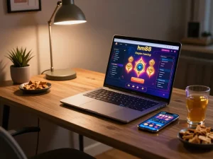 Player engaging with the hm88 online casino interface on a cozy gaming setup.