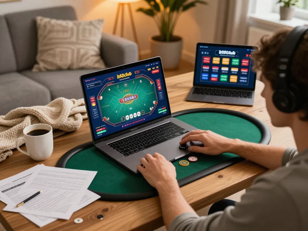Player enjoying poker on b52club app from a cozy home gaming setup with strategy notes.