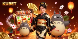 KUBET enhances gaming excitement with a vibrant scene featuring an elegant woman and a cartoon tanuki amidst golden treasures and slot reels.