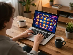 Engaged player enjoying LODE88 online gaming experience on a laptop at home.