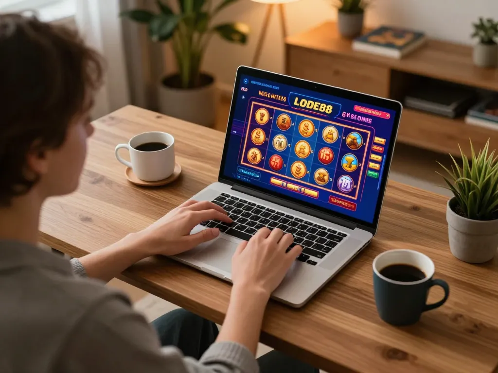 Engaged player enjoying LODE88 online gaming experience on a laptop at home.