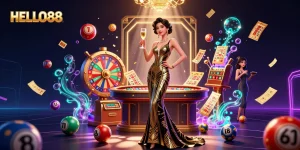 Experience the excitement of HELLO88 with vibrant lottery elements and a glamorous casino scene.