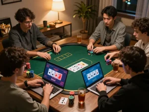 Engaging in an online poker game through link f8bet showcasing vibrant graphics and social interaction in a cozy home atmosphere.
