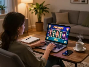 Engaging online gambling session with a player on uu88 enjoying a lively poker game on their laptop.