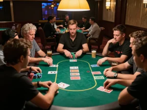 Intense poker gameplay at GA88 with players strategizing and chips stacked high, showcasing the excitement of gambling.
