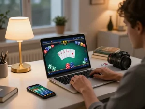 Good88 player enjoying an online poker game at home, showcasing responsible gaming in a cozy environment.