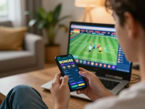 BONG88 user placing bets on a smartphone in a cozy living room setting