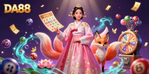 Engage with DA88's vibrant lottery scene showcasing a captivating Asian woman, lucky fox, and dynamic betting elements.