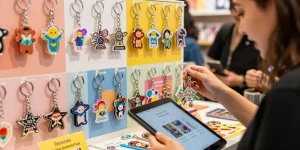 Custom keychains displayed in a vibrant e-commerce setting, showcasing various designs and personalization options.