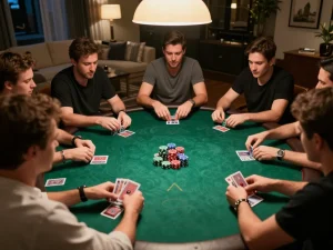 U888 players strategizing during an exclusive poker night with vibrant chips and cards