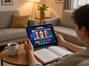KONG88 player engaging in online slots from the comfort of home, illustrating strategic gaming.