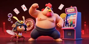 Engage with TX88's vibrant casino world featuring a dynamic sumo rooster, fierce cricket, and a tanuki announcer.