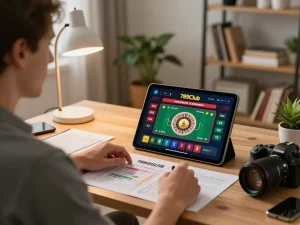 Engaging in 789Club online casino gaming while managing bankroll in a cozy home setting.