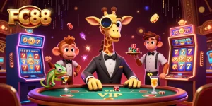 Experience big wins at FC88 with a vibrant scene featuring a high-roller giraffe and lively casino action.