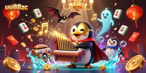 Engage in thrilling gameplay at uu88zc with vibrant 3D cartoon visuals showcasing a penguin organist amidst golden treasures.
