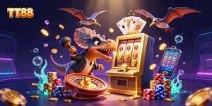 TT88 casino illustrated with dinosaurs in a lively jackpot scene with coins and casino elements.