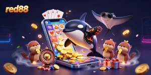 Win big with red88's vibrant casino games featuring a dynamic scene of animated sea creatures and prizes.