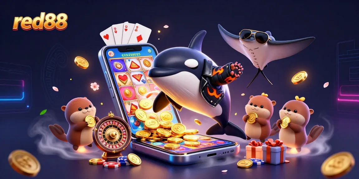 Win big with red88's vibrant casino games featuring a dynamic scene of animated sea creatures and prizes.