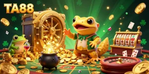 TA88 alchemist transforms metals to gold amidst jackpot slots and casino elements, showcasing vibrant gambling excitement.