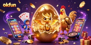 Win big with okfun, featuring a golden dragon, poker chips, and exciting slot games!